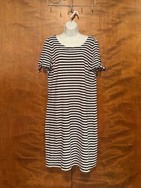 Talbots Short Tie Sleeve Shift Dress Womens L White & Navy Stripes 100% Cotton